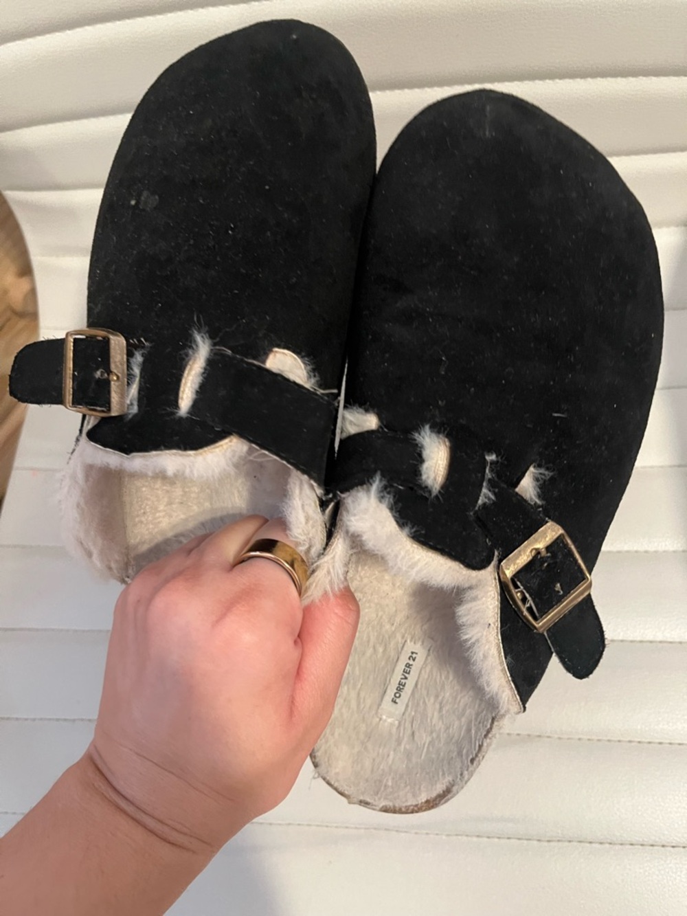 Black Faux-Fur Lined Slip-On Clogs with Buckle